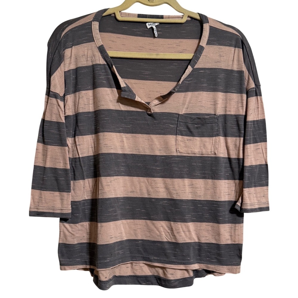 Splendid Women XS Gray Pink Striped 3/4 Sleeve Split Neck Pocket Top